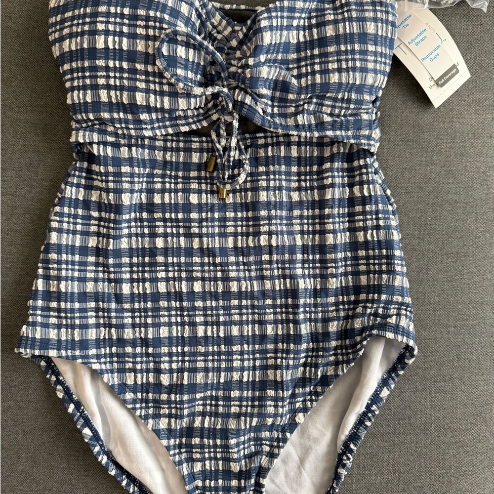 Time and Tru Blue and White One Piece Swimsuit with Sweetheart Neckline